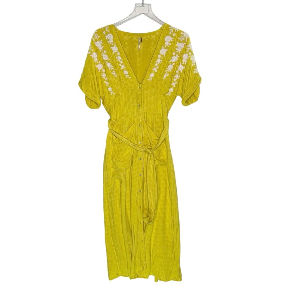 Free People Love to Love You Midi Dress S Mustard Yellow Embroidered Button Up